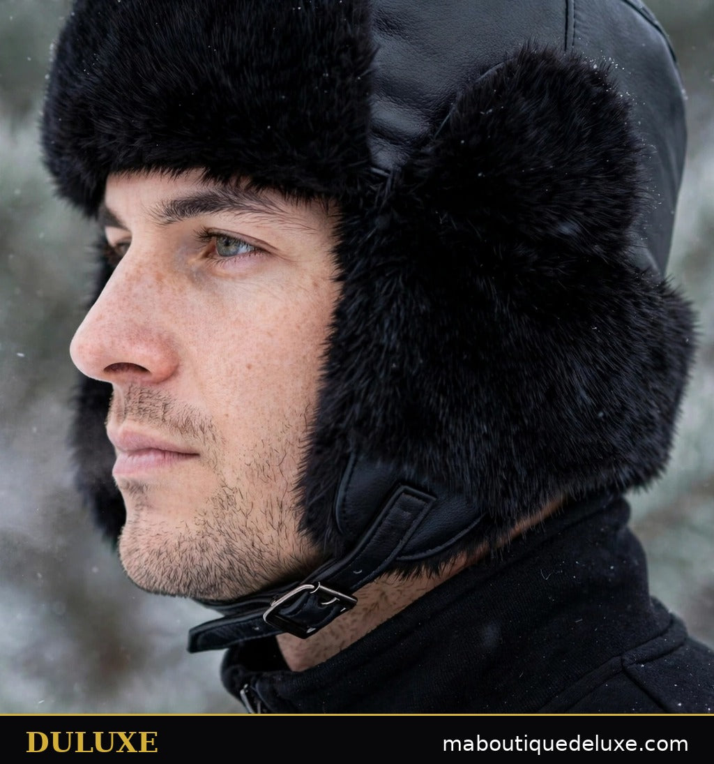 Détail de la mentonnière attachée de la chapka pour homme DULUXE, oreille et joue protégées du vent froid