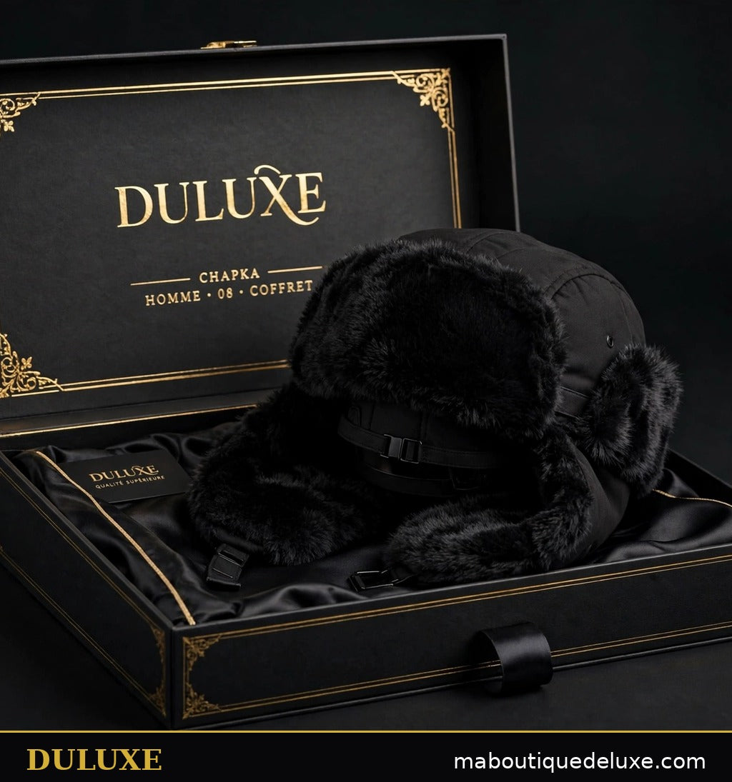 Chapka pour homme DULUXE noire présentée en coffret cadeau noir et or, emballage soigné