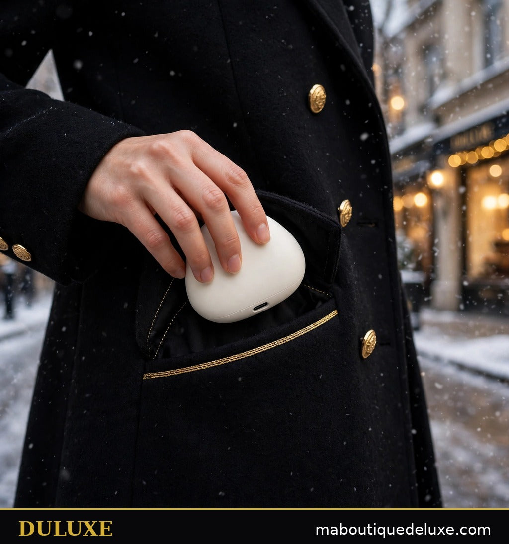 Chauffe-main rechargeable DULUXE blanc ivoire glissé dans la poche d'un manteau d'hiver