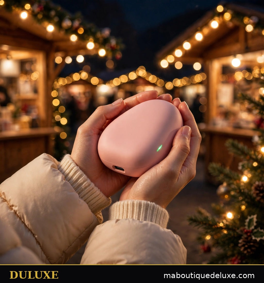 Mains réchauffées autour d'un chauffe-main rechargeable DULUXE rose poudré au marché de Noël le soir, lumières dorées