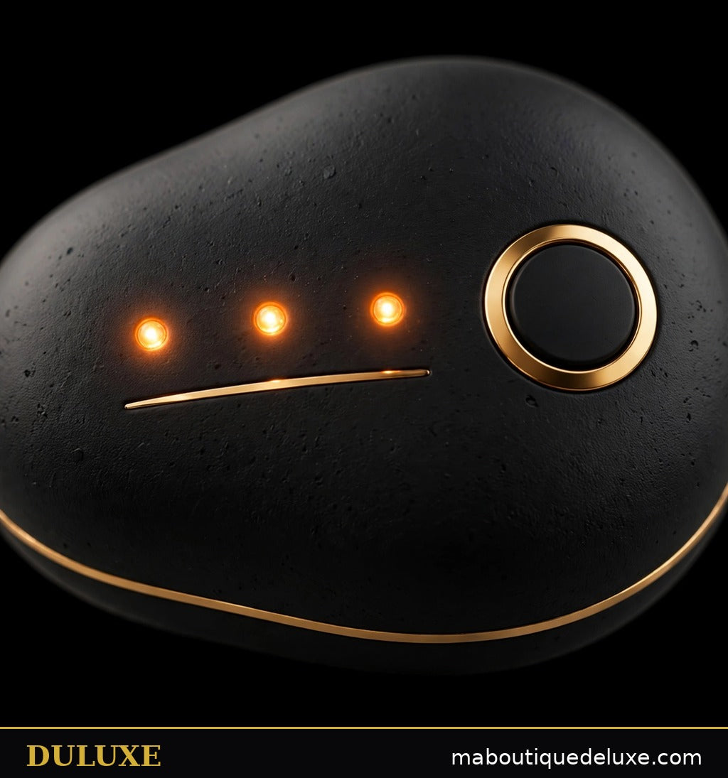 Gros plan sur le bouton et les voyants des trois niveaux de chaleur du chauffe-main rechargeable DULUXE noir