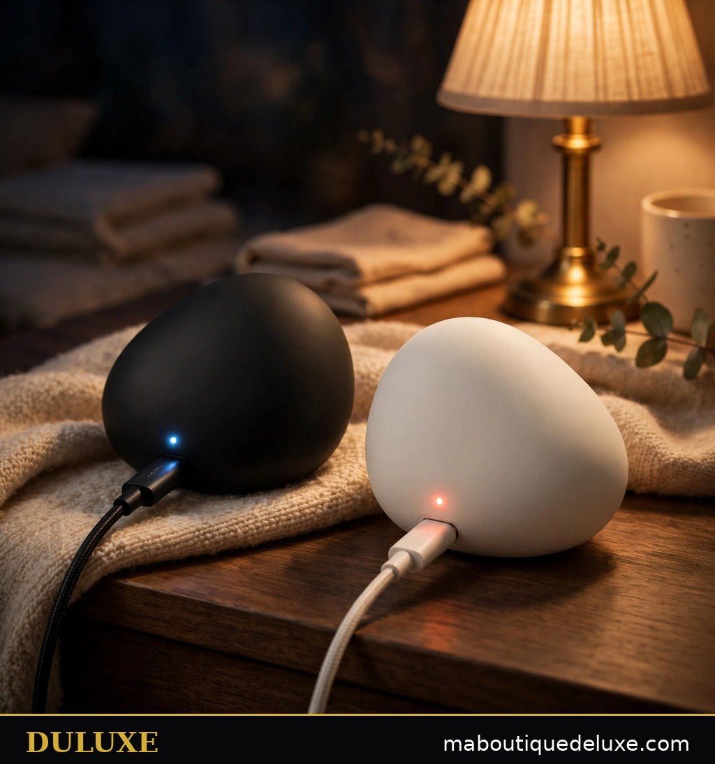 Recharge USB des deux chauffe-mains rechargeables DULUXE sur une table de nuit