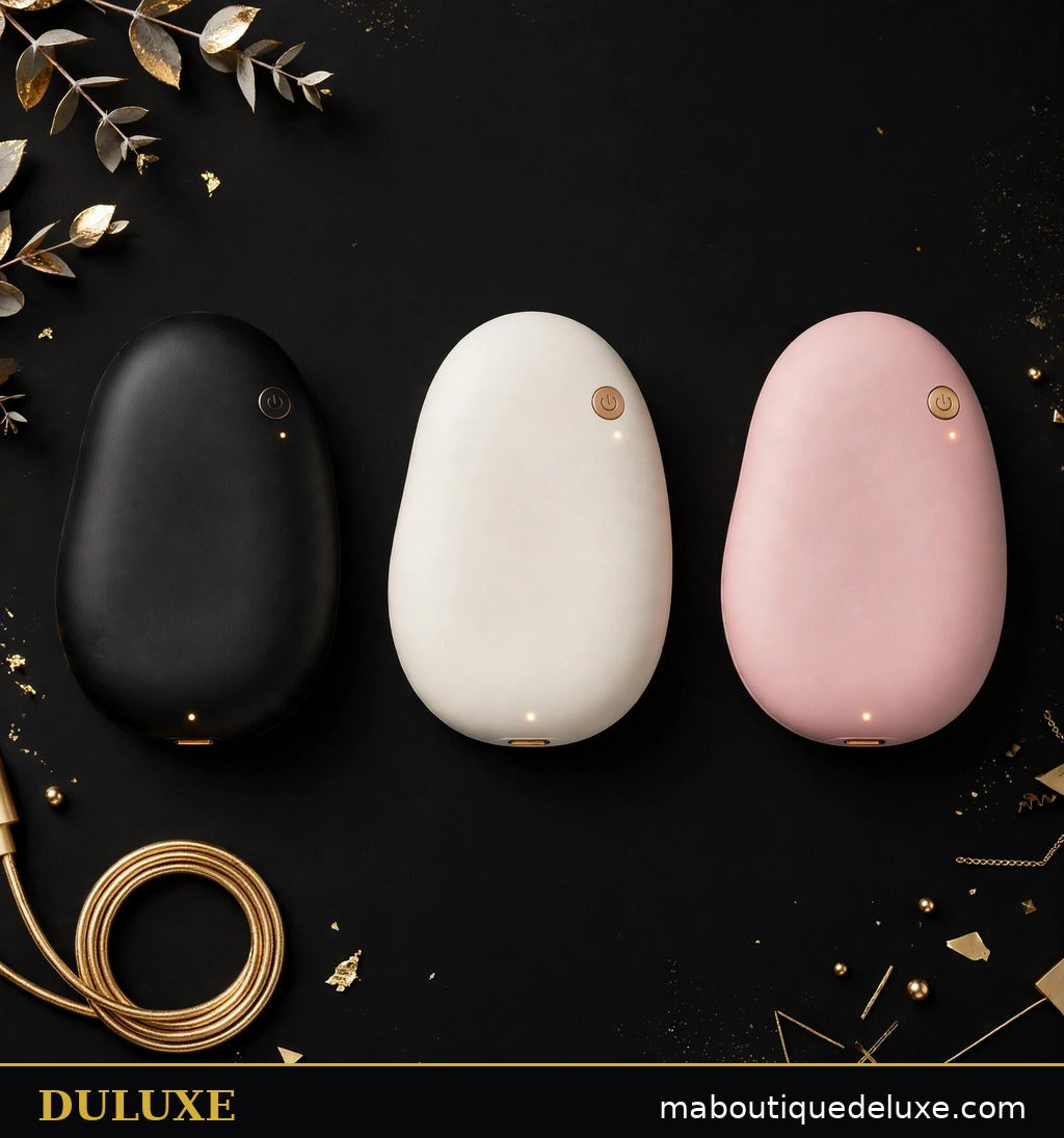Chauffe-mains rechargeables DULUXE à plat en trois couleurs : noir, blanc ivoire et rose poudré, fond noir et doré