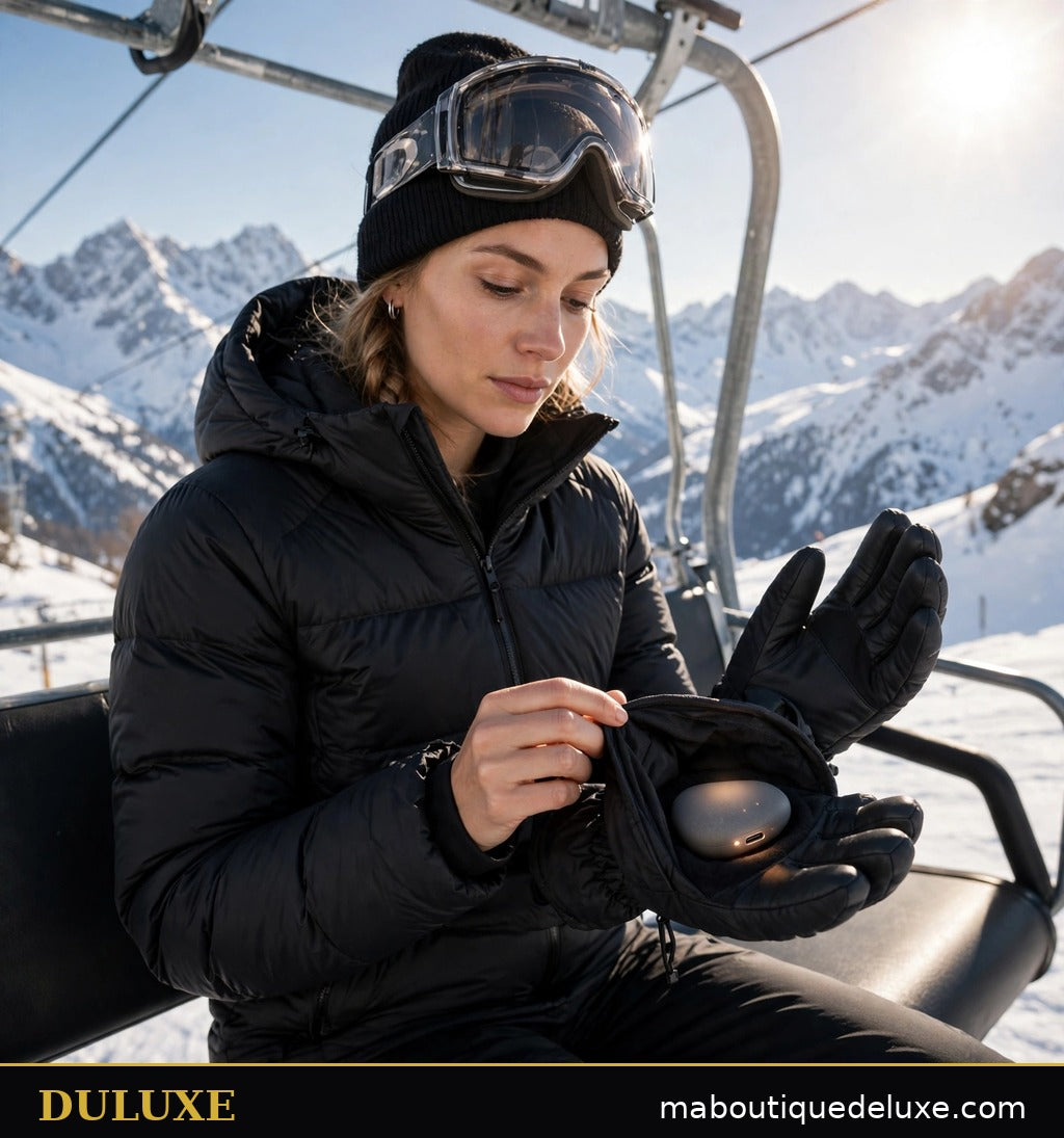 Skieuse en télésiège tenant un chauffe-main rechargeable DULUXE dans ses gants