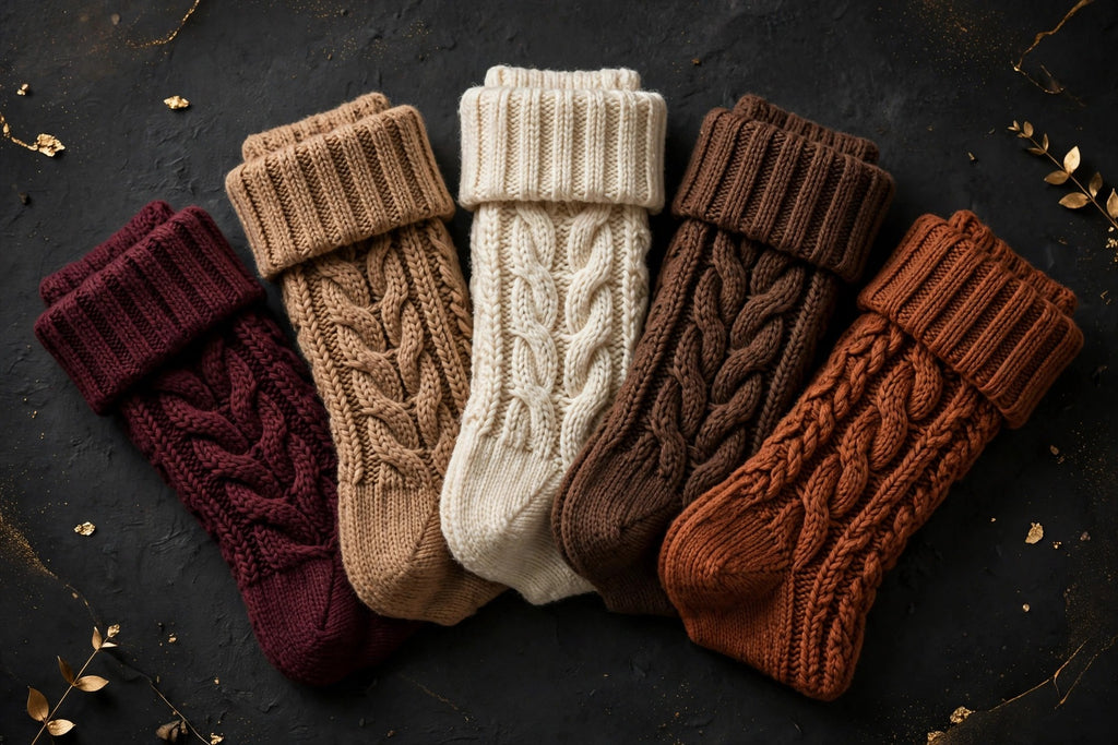 Lot de 5 paires de chaussettes épaisses femme façon pull aux coloris chauds bordeaux, camel, crème, brun et rouille, étalées en éventail sur fond sombre doré DULUXE