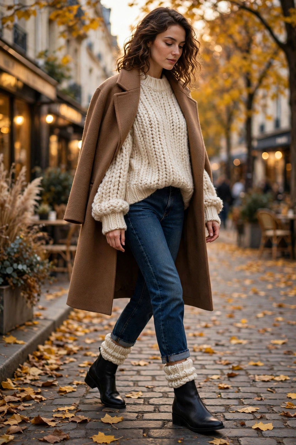 Femme portant des bottines avec des chaussettes épaisses en tricot qui dépassent joliment, dans une rue d'automne aux feuilles dorées