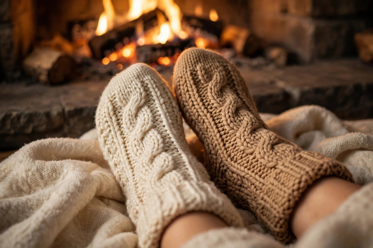 Pieds en chaussettes épaisses douillettes près d'une cheminée, ambiance cocooning chaleureuse à la maison