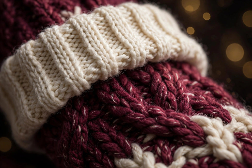 Gros plan sur le tricot épais façon pull et le bord-côte des chaussettes femme DULUXE, qualité et douceur du fil