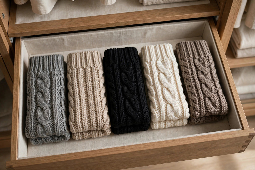 Lot de chaussettes épaisses femme aux coloris neutres gris, beige, noir, crème et taupe, pliées avec soin dans un tiroir