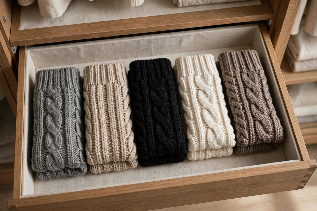 Lot de chaussettes épaisses femme aux coloris neutres gris, beige, noir, crème et taupe, pliées avec soin dans un tiroir