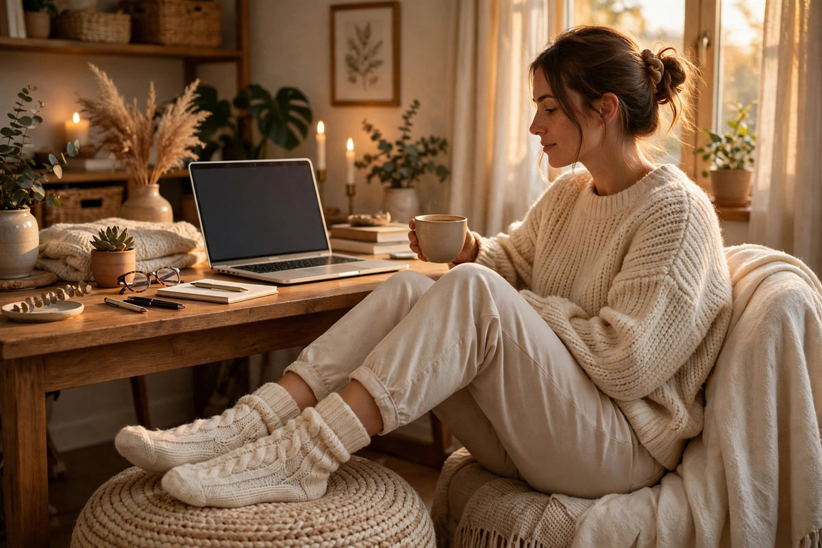 Femme en télétravail, pieds en chaussettes épaisses posés sur un pouf, café à la main, confort à la maison