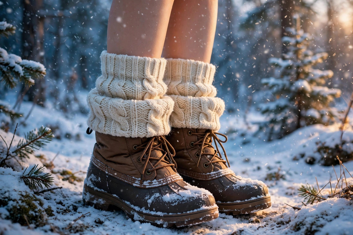 Chaussettes épaisses portées sous des bottes de neige, paysage d'hiver enneigé, pieds bien au chaud