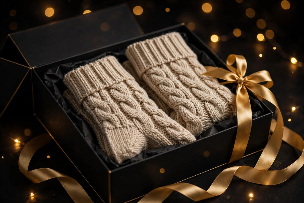 Lot de chaussettes épaisses femme présenté en emballage cadeau noir au ruban doré DULUXE, idée cadeau de Noël