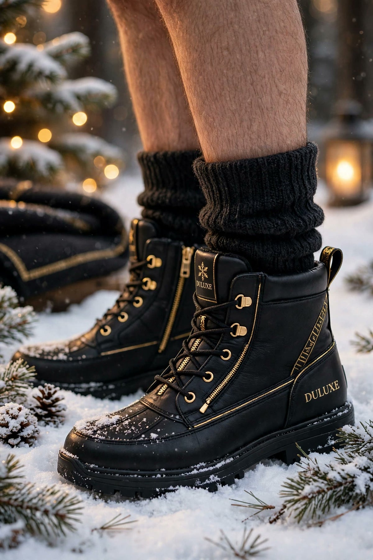 Chaussettes en laine mérinos pour homme DULUXE noires portées avec des bottes d'hiver dans la neige, visuel principal