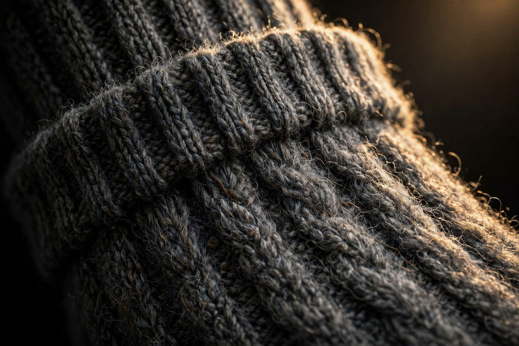 Gros plan sur le tricot en laine mérinos des chaussettes DULUXE pour homme, texture douce et chaude