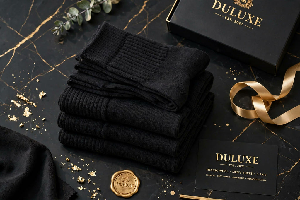Lot de 3 paires de chaussettes en laine mérinos DULUXE pour homme pliées, présentation du lot