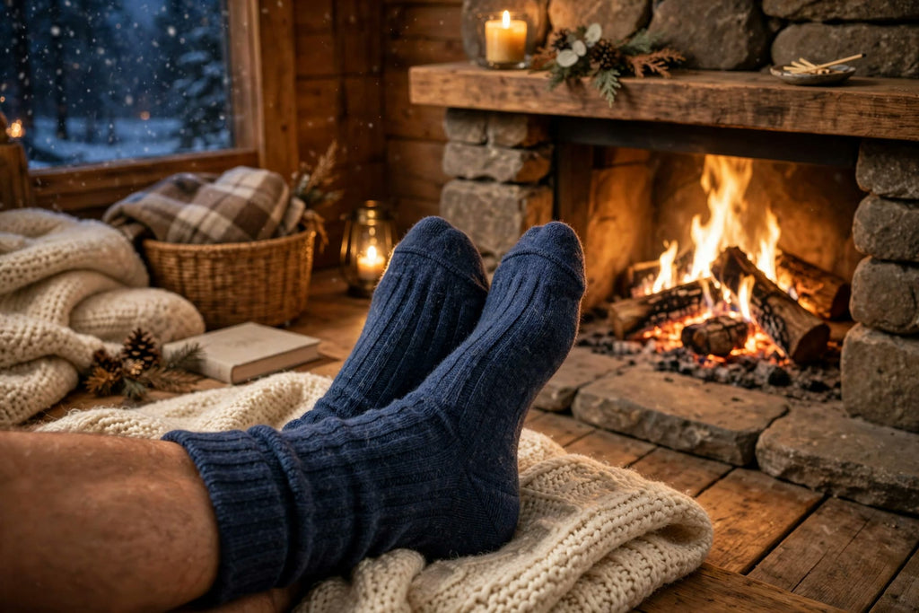 Pieds au chaud en chaussettes mérinos DULUXE bleu marine près d'un feu dans un intérieur en bois