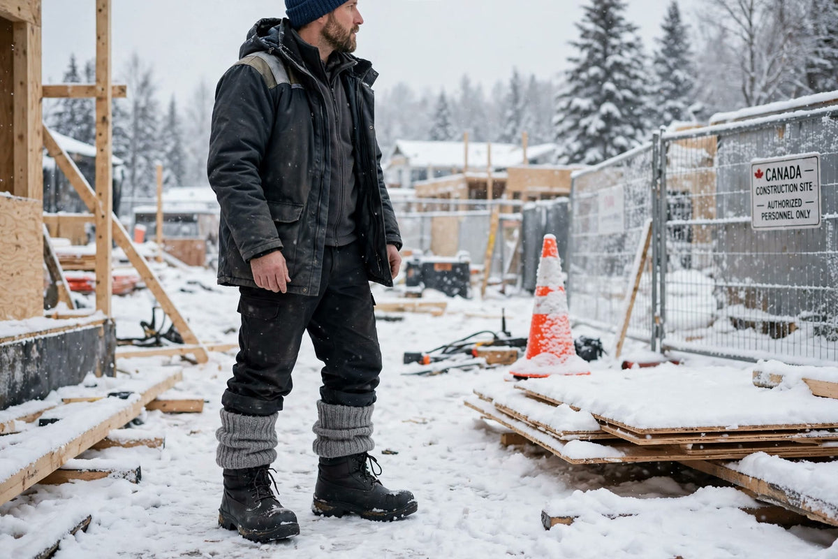 Chaussettes en laine mérinos DULUXE portées au travail extérieur en hiver avec des bottes de travail