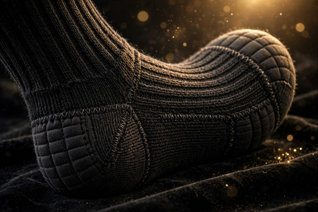 Détail du talon renforcé des chaussettes en laine mérinos DULUXE pour homme, durabilité renforcée