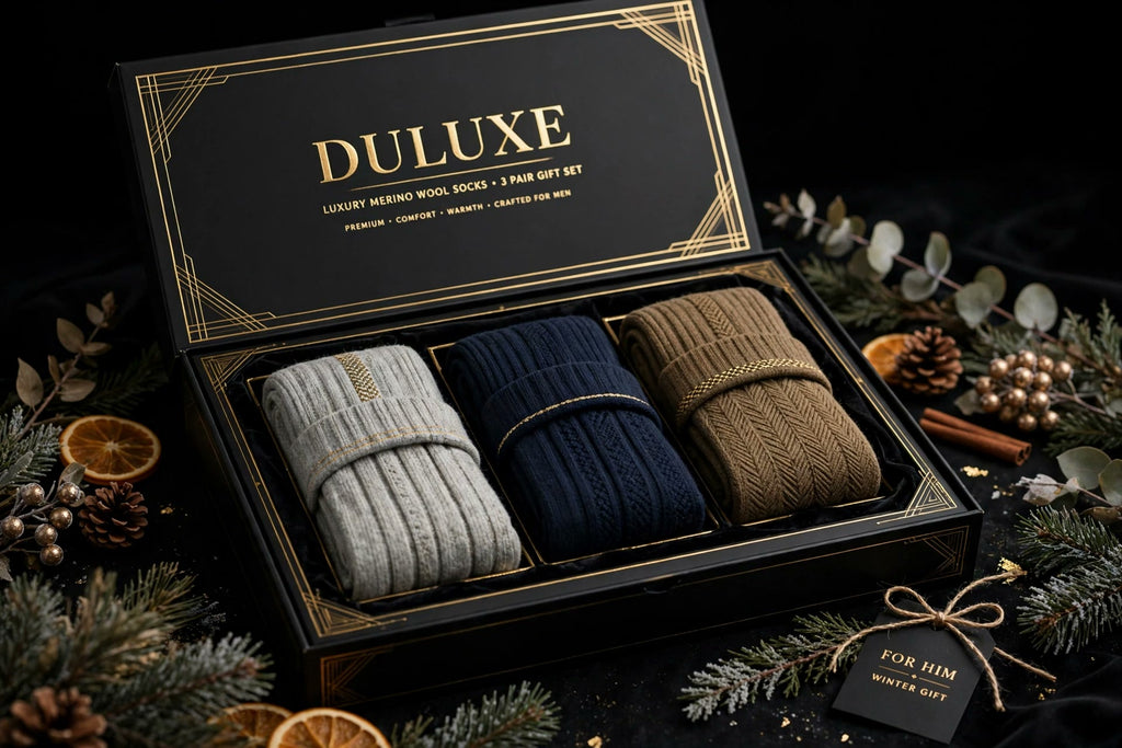Lot de 3 paires de chaussettes mérinos DULUXE pour homme présenté en coffret cadeau noir et or