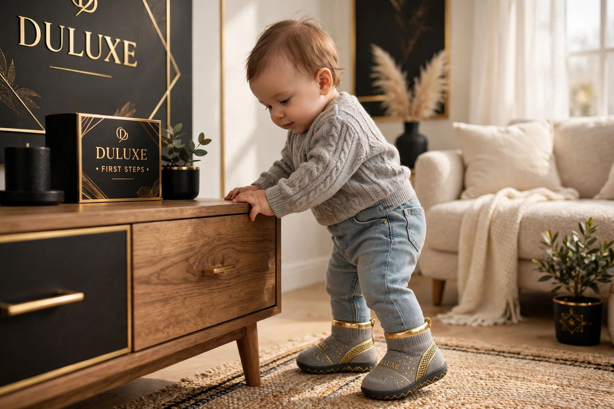 Bébé debout tenant un meuble, portant des chaussons-chaussettes premiers pas gris à touches dorées, dans un salon lumineux