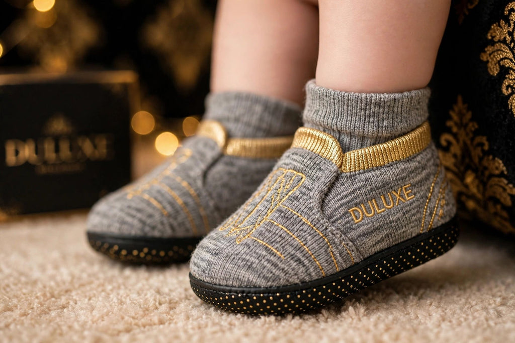 Gros plan des petits pieds d'un bébé avec des chaussons-chaussettes gris à touches dorées sur un tapis doux