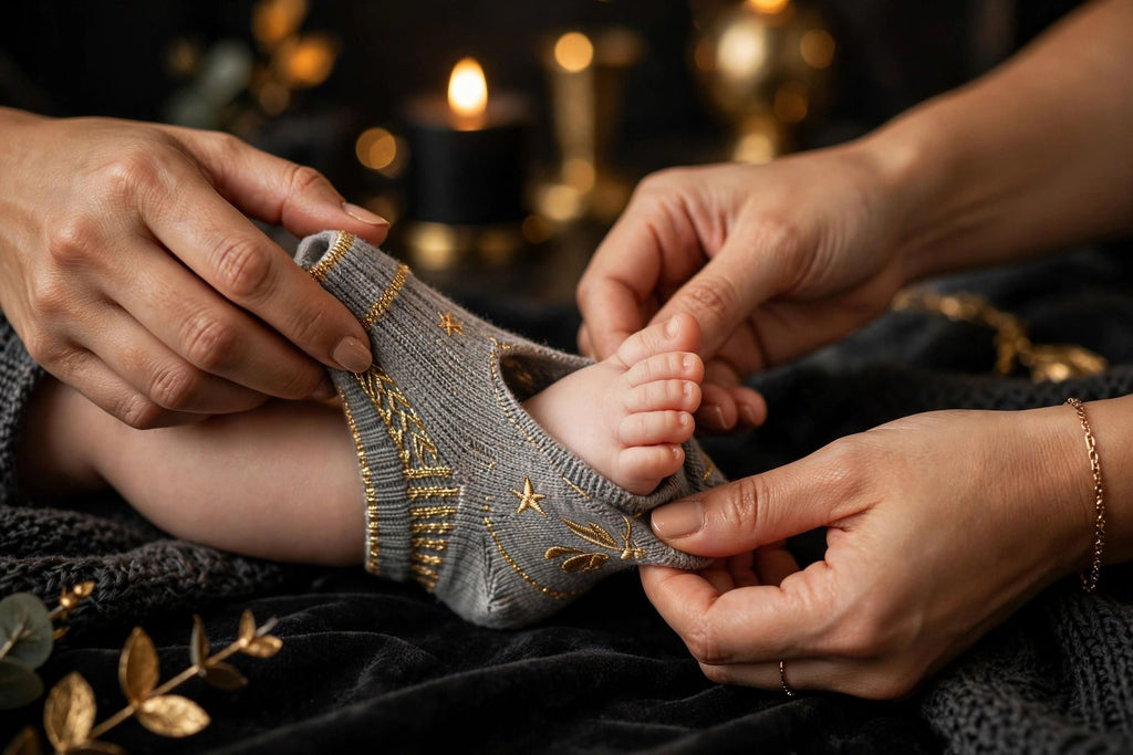 Mains d'une maman enfilant un chausson-chaussette gris comme une chaussette au pied de son bébé