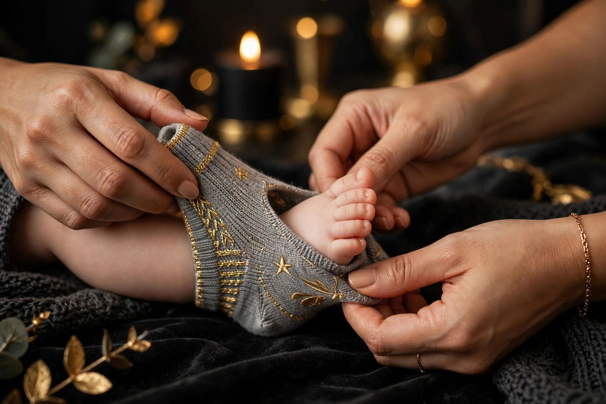Mains d'une maman enfilant un chausson-chaussette gris comme une chaussette au pied de son bébé