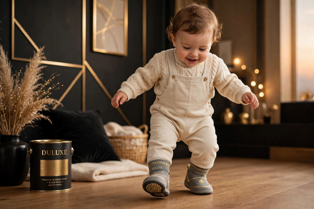 Bébé qui trottine sur un plancher de bois avec ses chaussons premiers pas gris à touches dorées