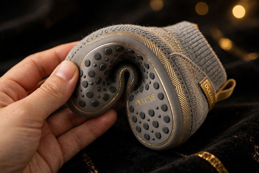Détail de la semelle souple d'un chausson bébé gris avec pastilles antidérapantes