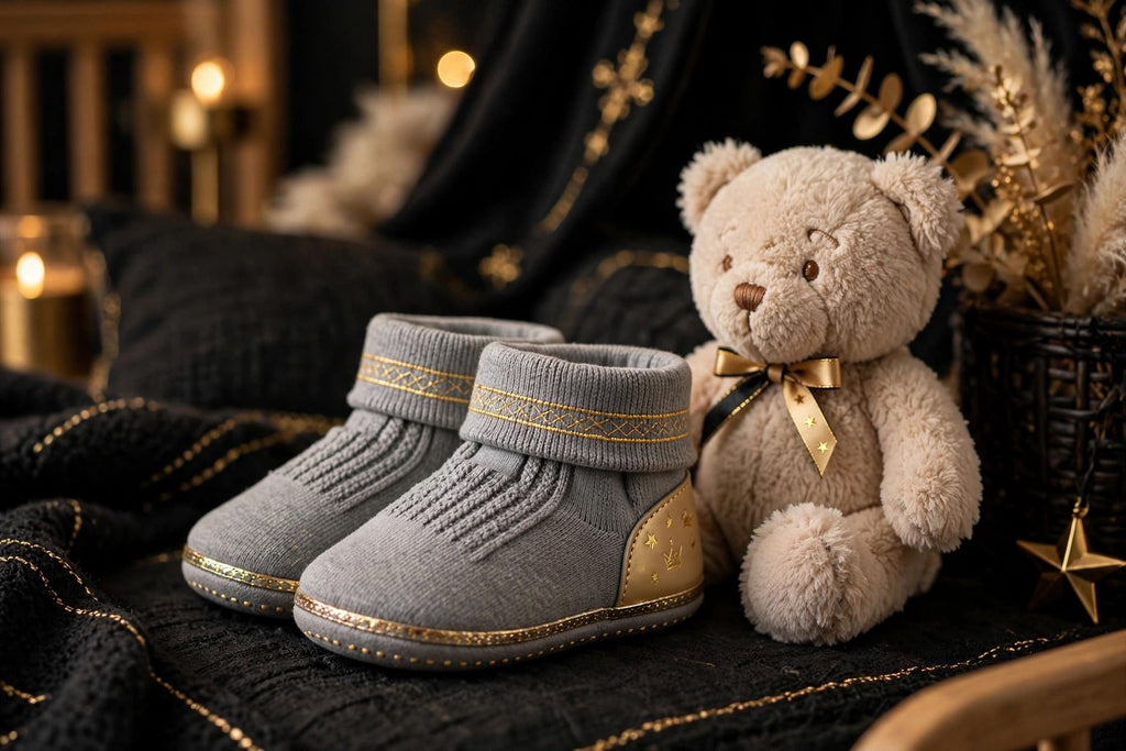 Paire de chaussons bébé gris pliée à côté d'un toutou doux dans une chambre chaleureuse