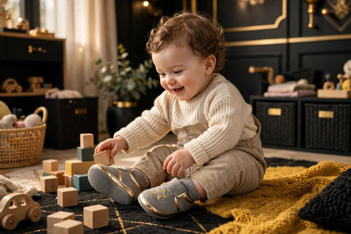 Bébé assis qui joue à la garderie, chaussons-chaussettes premiers pas gris bien visibles