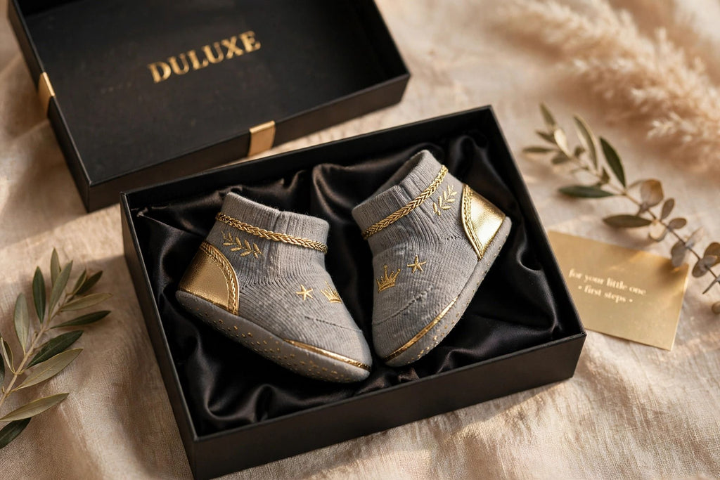 Chaussons bébé premiers pas gris présentés dans un emballage cadeau noir avec ruban doré DULUXE