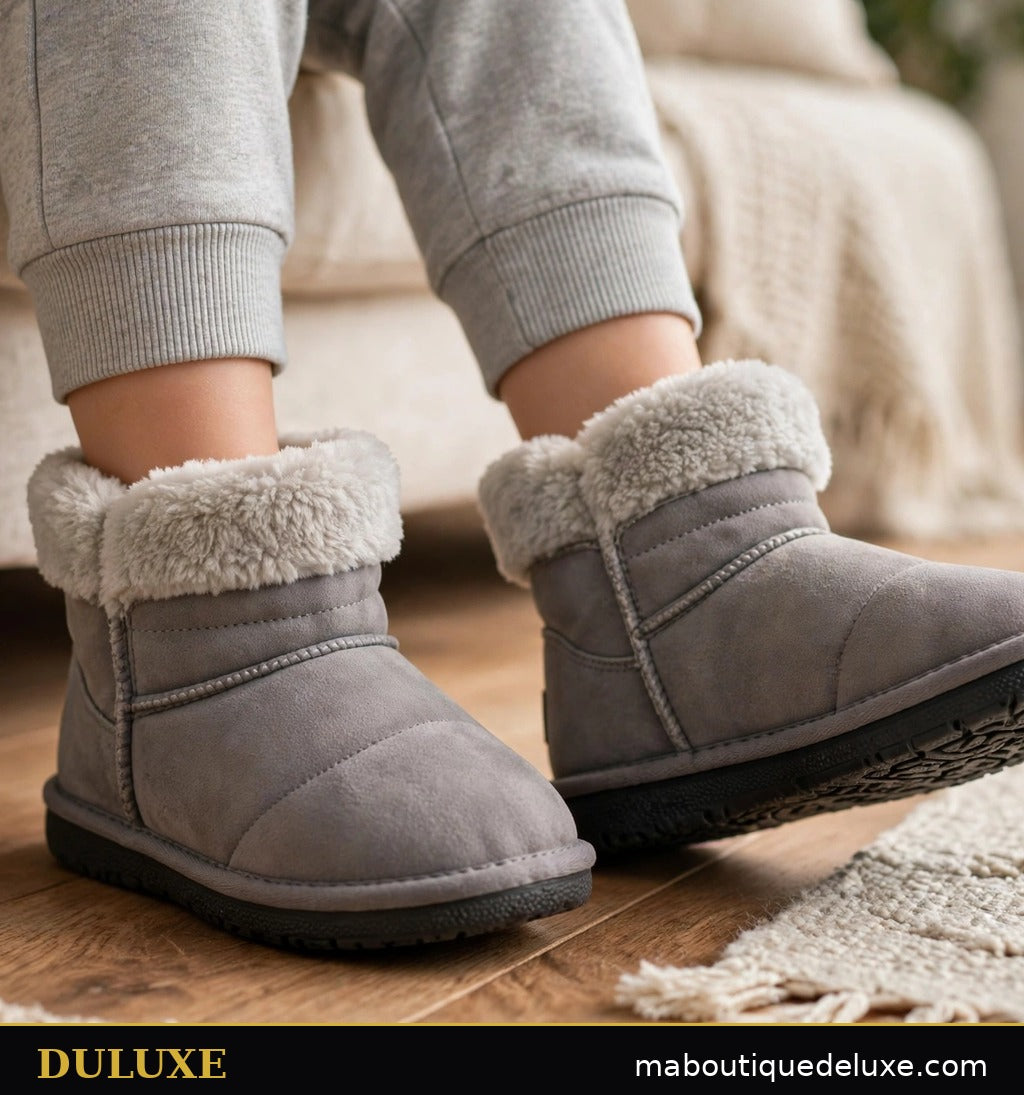 Chaussons-bottines d'intérieur pour enfant DULUXE en polaire gris doux, visuel principal sur plancher de bois
