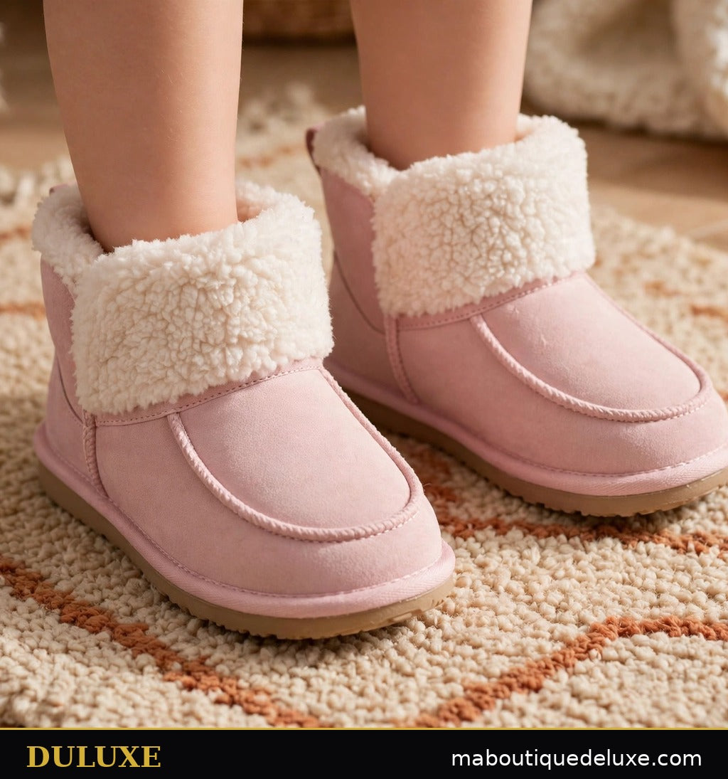 Chaussons-bottines d'intérieur pour enfant DULUXE rose poudré avec doublure polaire douce sur tapis chaleureux