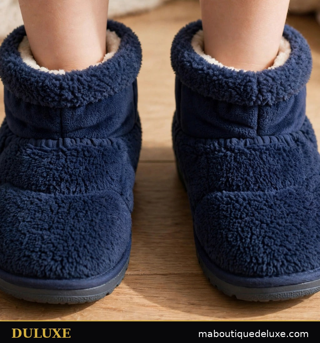 Chaussons-bottines d'intérieur pour enfant DULUXE bleu marine en polaire épaisse à la maison