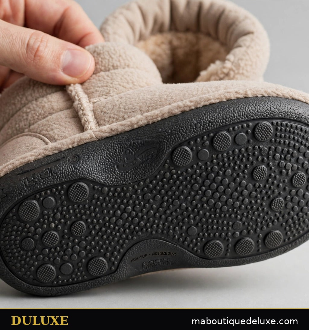 Gros plan sur la semelle antidérapante texturée des chaussons-bottines d'intérieur pour enfant DULUXE