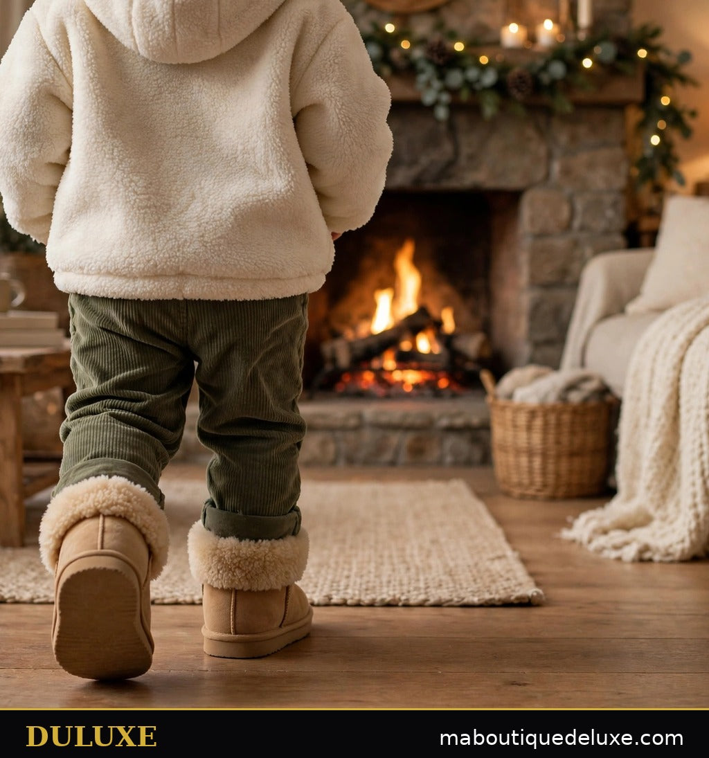 Enfant de dos portant des chaussons-bottines polaire DULUXE dans un salon chaleureux en hiver