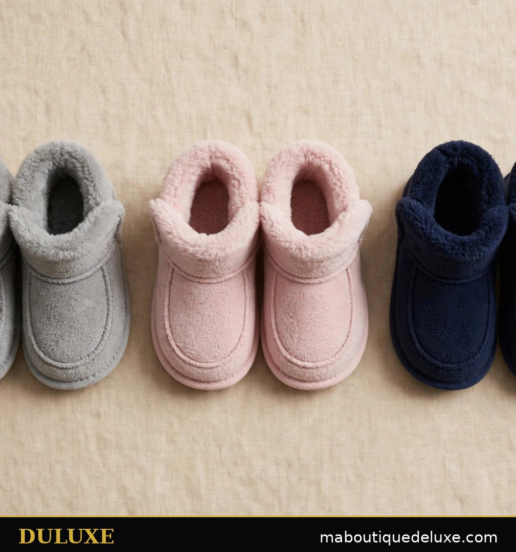 Trois paires de chaussons-bottines enfant DULUXE à plat : gris doux, rose poudré et bleu marine