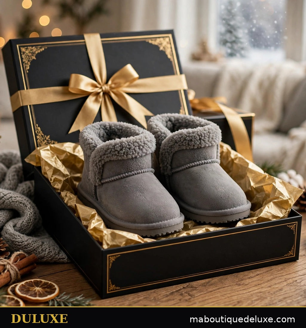 Chaussons-bottines d'intérieur pour enfant DULUXE présentés en coffret cadeau noir et or