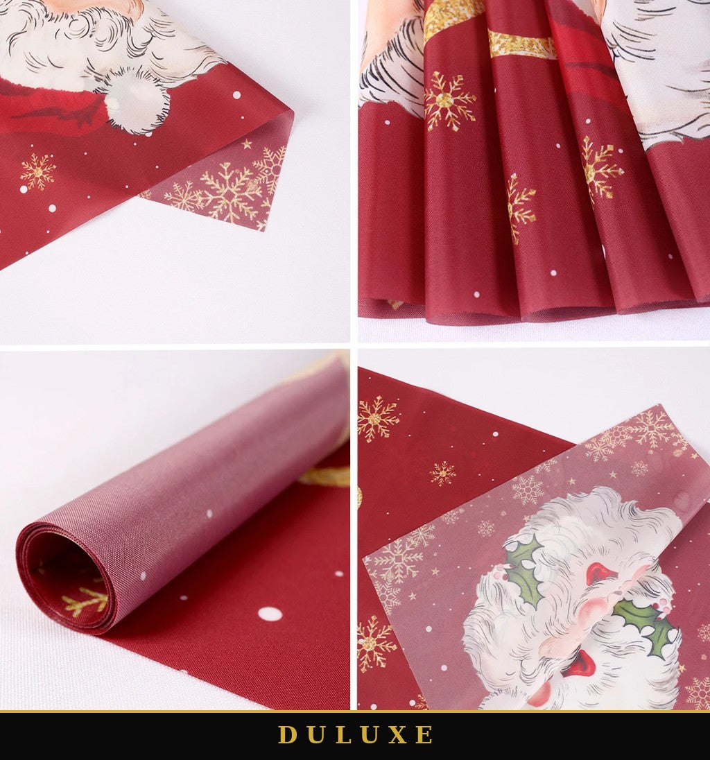 Détails du tissu du chemin de table de Noël DULUXE : tombé fluide, finitions et matière roulée