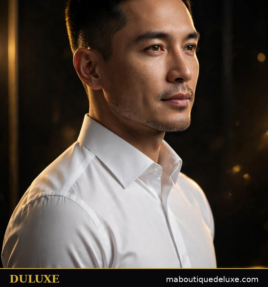 Chemise blanche infroissable pour homme DULUXE portée par un homme élégant, visuel principal sur fond studio sombre aux accents dorés