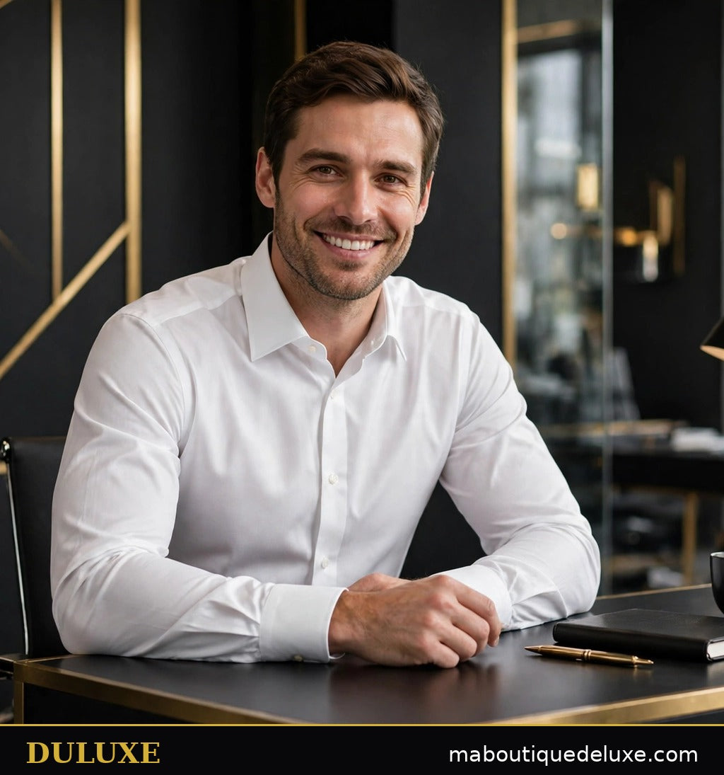 Chemise blanche infroissable pour homme DULUXE portée au bureau par un homme souriant à un bureau moderne