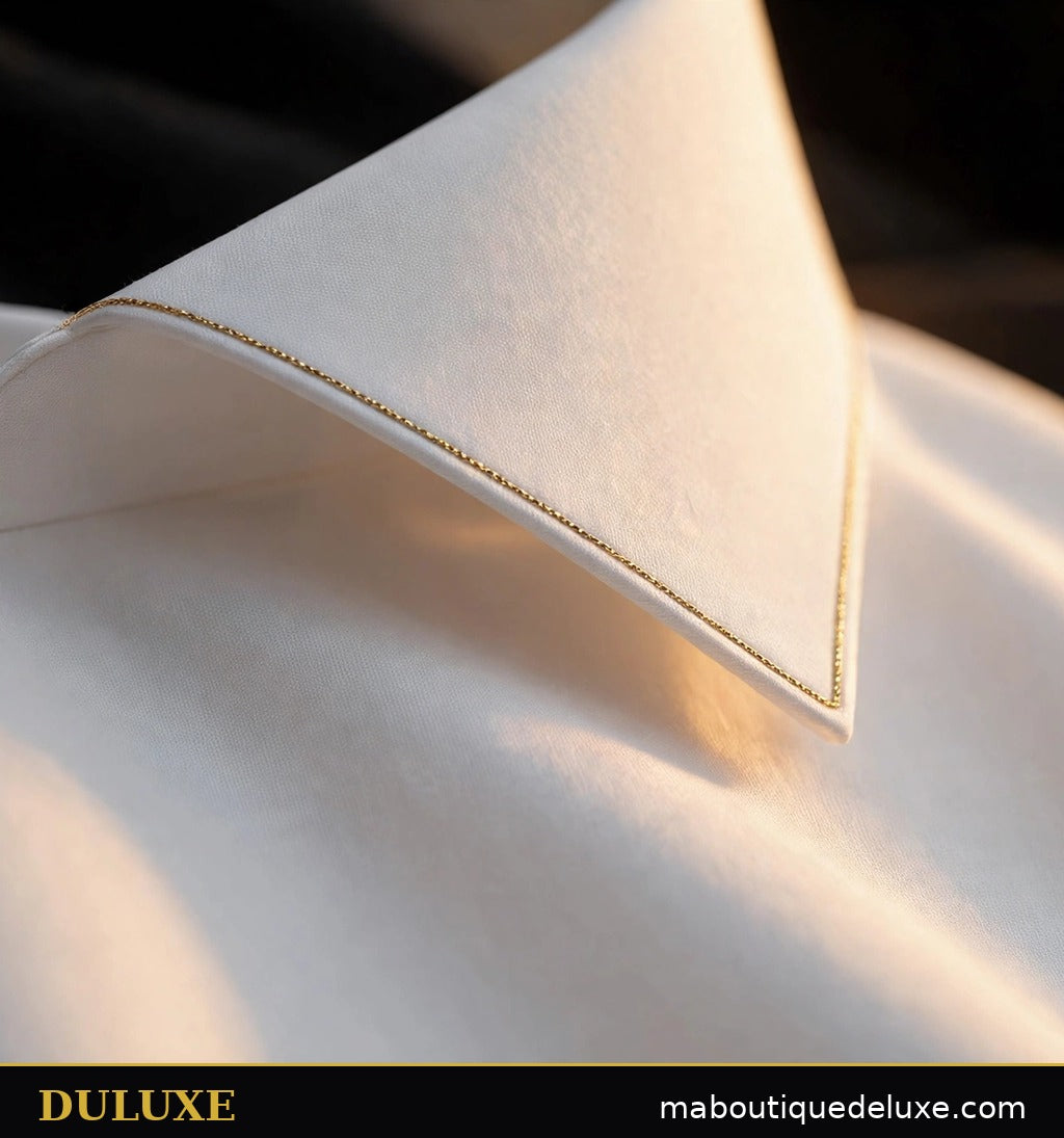 Gros plan du tissu lisse sans plis et du col net de la chemise blanche infroissable DULUXE pour homme