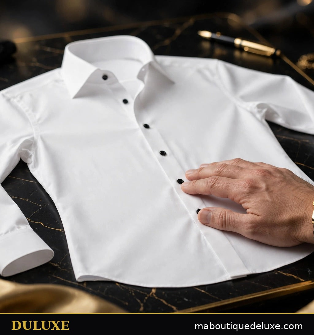Main lissant le tissu déjà impeccable de la chemise blanche infroissable DULUXE pour homme sur une table, sans repassage