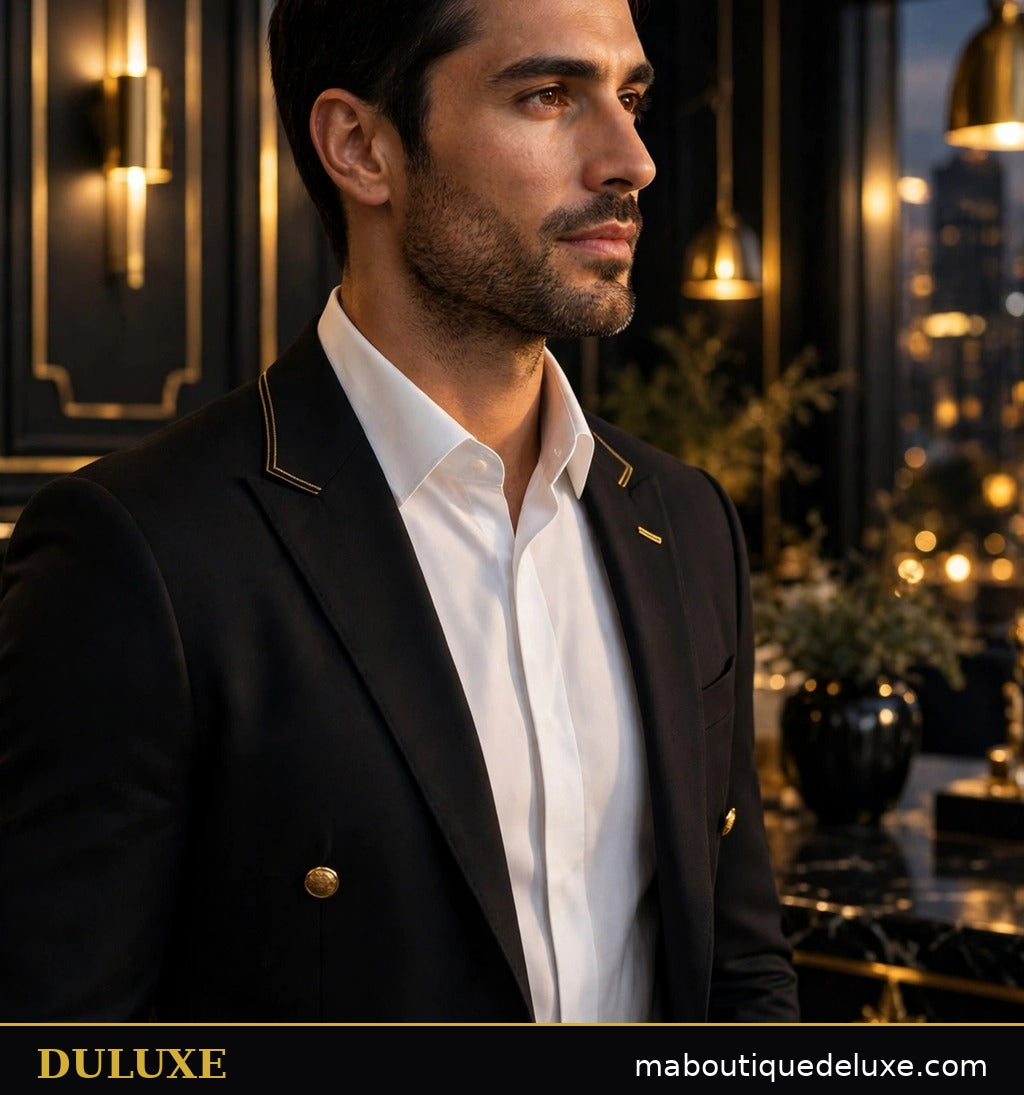 Chemise blanche infroissable DULUXE pour homme portée avec un blazer en soirée, rendu premium