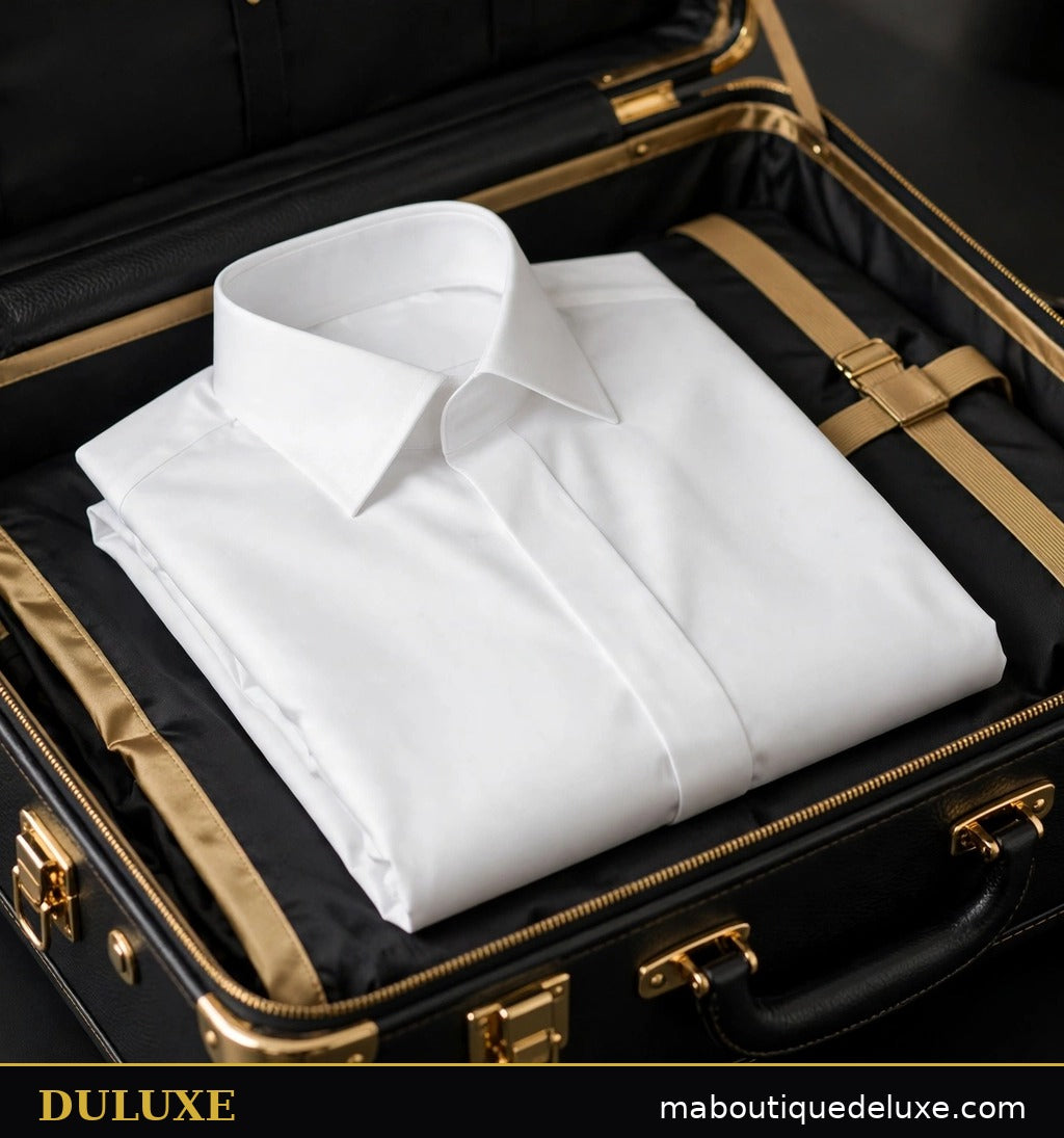 Chemise blanche infroissable DULUXE pour homme pliée impeccablement dans une valise de voyage d'affaires