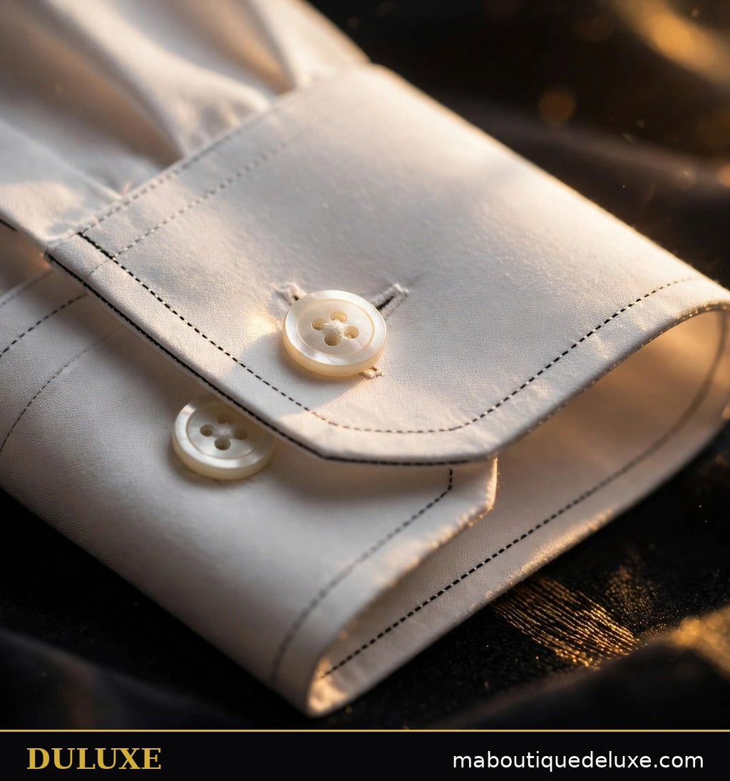 Détail des boutons et du poignet de la chemise blanche infroissable DULUXE pour homme, couture soignée sous lumière dorée