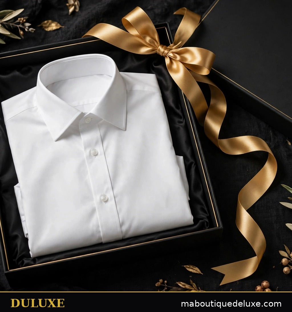 Chemise blanche infroissable DULUXE pour homme présentée dans un coffret cadeau noir au ruban doré