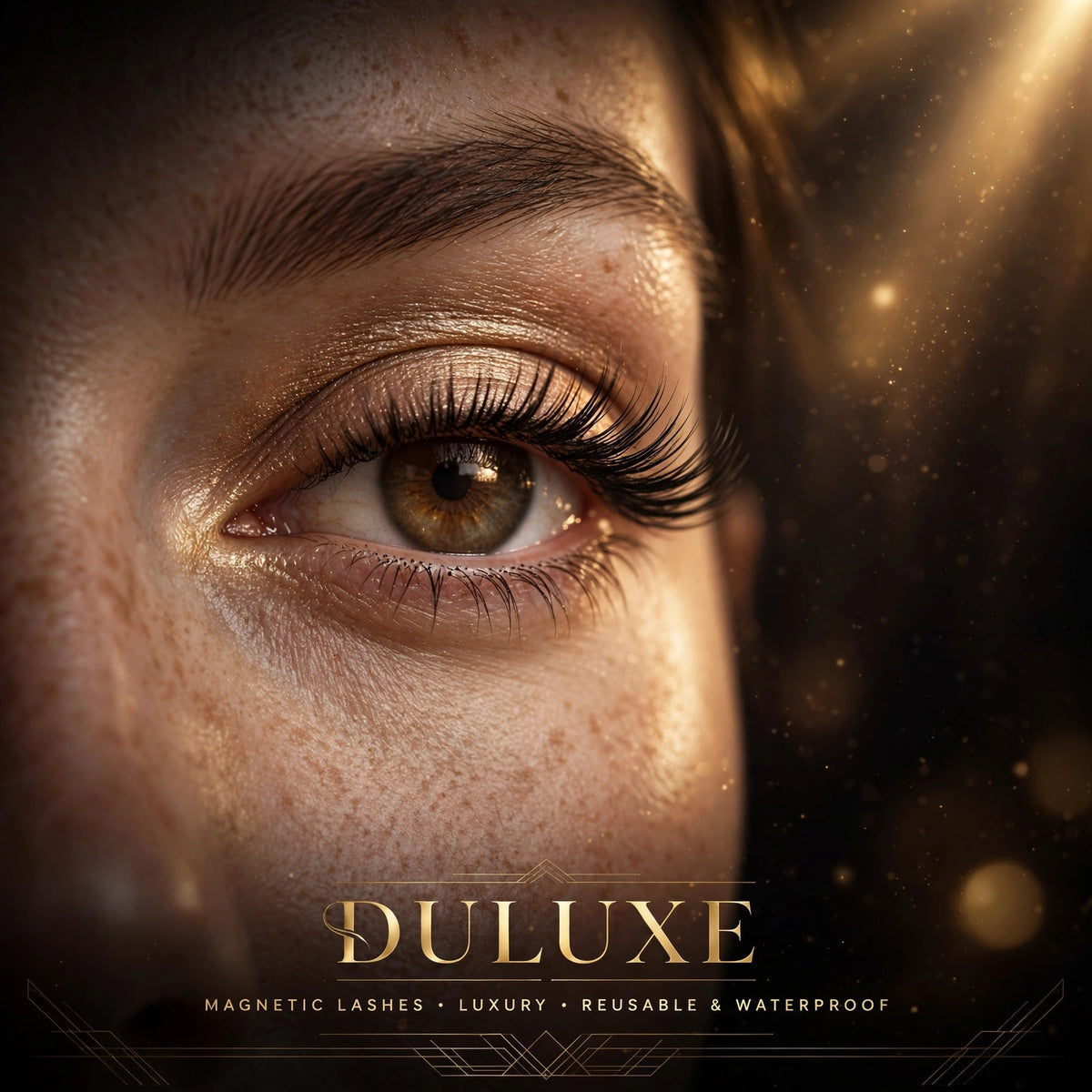 Gros plan sur un œil avec de longs faux cils magnétiques au fini naturel, maquillage élégant et lumière dorée sur fond sombre